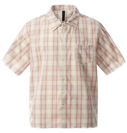 Frayed Hem Checkered Shirt - Loose Fit in a light checkered pattern with short sleeves and front pocket.