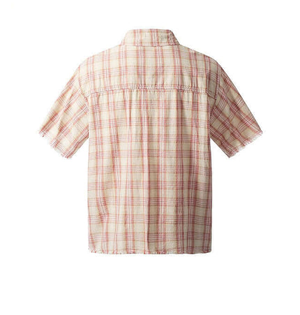 Back view of Frayed Hem Checkered Shirt - Loose Fit in pastel checkered pattern, showcasing relaxed style.