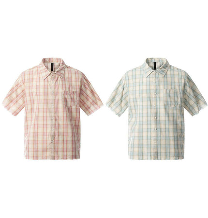 Frayed Hem Checkered Shirt - Loose Fit in pink and blue checkered patterns, casual summer style for men and women.