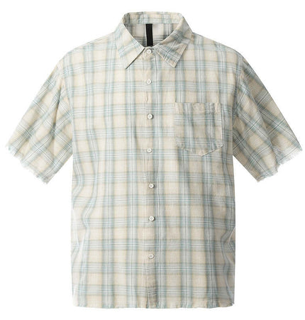 Frayed Hem Checkered Shirt - Loose Fit featuring a classic checkered pattern and relaxed short sleeves.