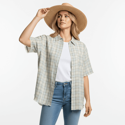 Frayed Hem Checkered Shirt - Loose Fit styled with a hat for a trendy summer look.