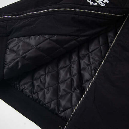 Fur Collar Embroidered Hooded Cotton Coat showcasing its quilted black interior and stylish embroidered details.