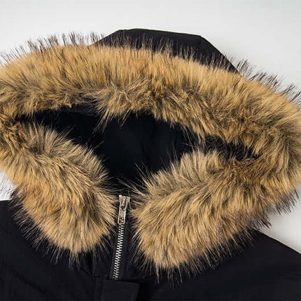 Fur Collar Embroidered Hooded Cotton Coat featuring a plush fur-lined hood for added warmth and style.