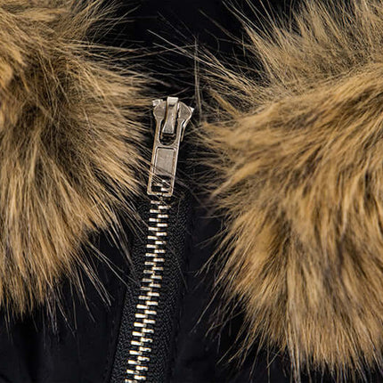 Fur Collar Embroidered Hooded Cotton Coat close-up of fur collar and zipper detail