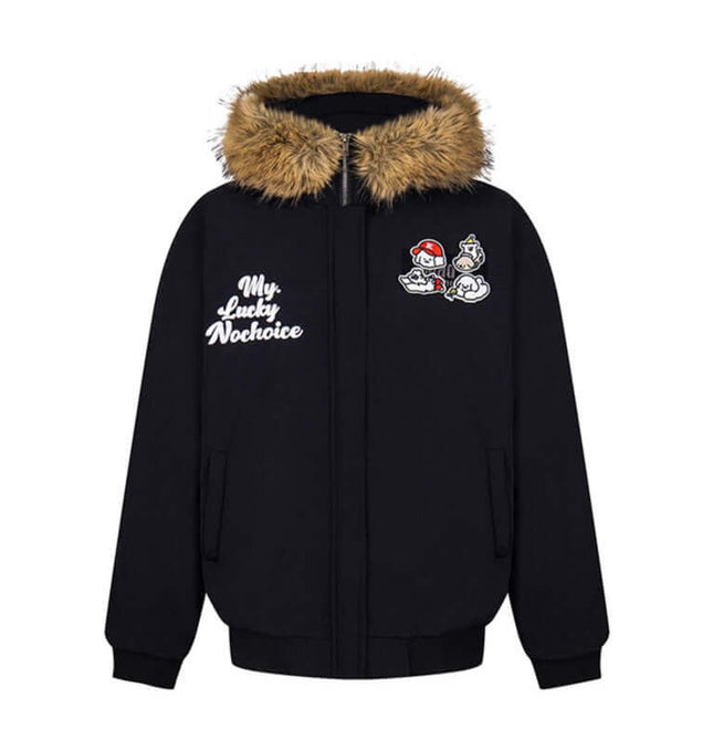 Fur Collar Embroidered Hooded Cotton Coat featuring cartoon embroidery and fur trim for style and warmth.