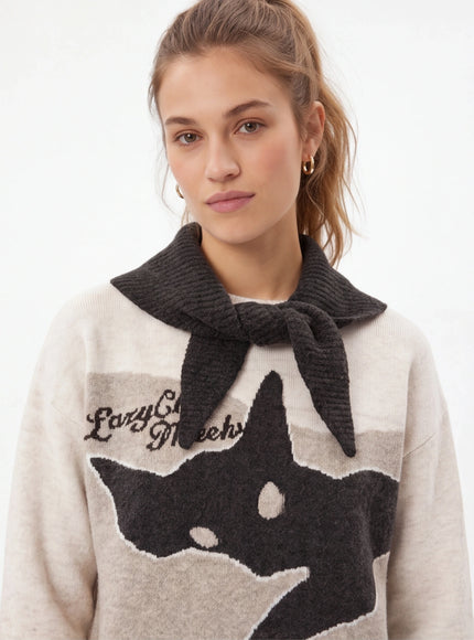 Back view of Blue cute cat shawl knit top by Grozavu