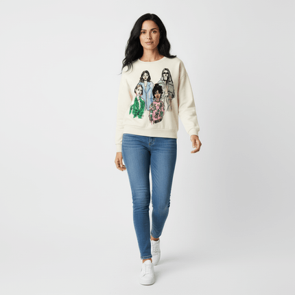 Girl Print Round Neck Sweatshirt worn by a woman, featuring trendy girl patterns and a casual style.