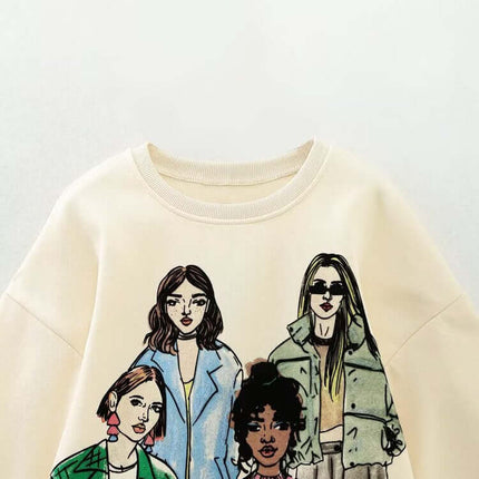 Girl Print Round Neck Sweatshirt featuring stylish illustrations of girls in trendy outfits.