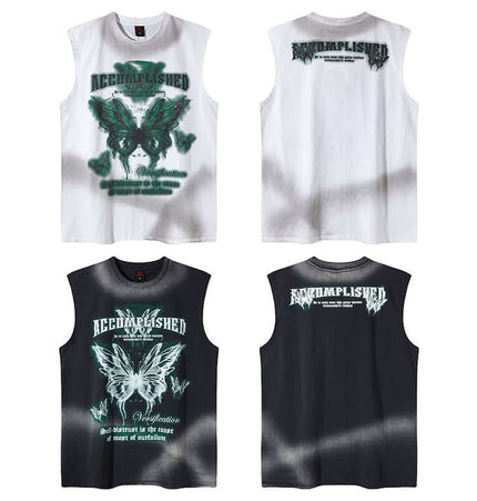 Graffiti Butterfly Print Tank Top - Loose Fit featuring a unique design on both white and black sleeveless options.
