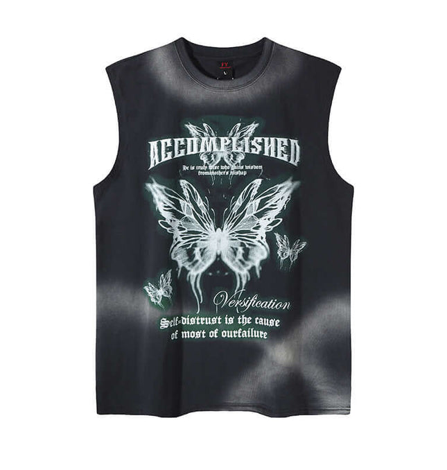 Graffiti Butterfly Print Tank Top - Loose Fit showcasing a bold butterfly design on a sleeveless shirt for streetwear style.