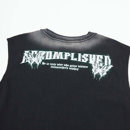 Graffiti Butterfly Print Tank Top - Loose Fit featuring a bold black sleeveless design and urban graffiti lettering.