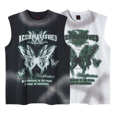 Graffiti Butterfly Print Tank Top - Loose Fit in black and white with butterfly graphic and streetwear style.