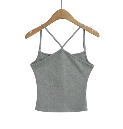 Camisole Style Layered Tank Top back view on hanger, showcasing thin straps and grey fabric.