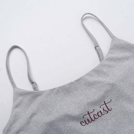 Casual Fit Square Neck Sleeveless Outfit featuring gray fabric with print detail on a clean background.