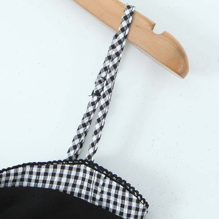 Grid-Stitched Strapless Tank Top – Slim Fit showcasing a black top with a checkered strap design on a wooden hanger.