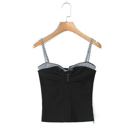 Grid-Stitched Strapless Tank Top – Slim Fit featuring a stylish black design with checkered straps and buttons.