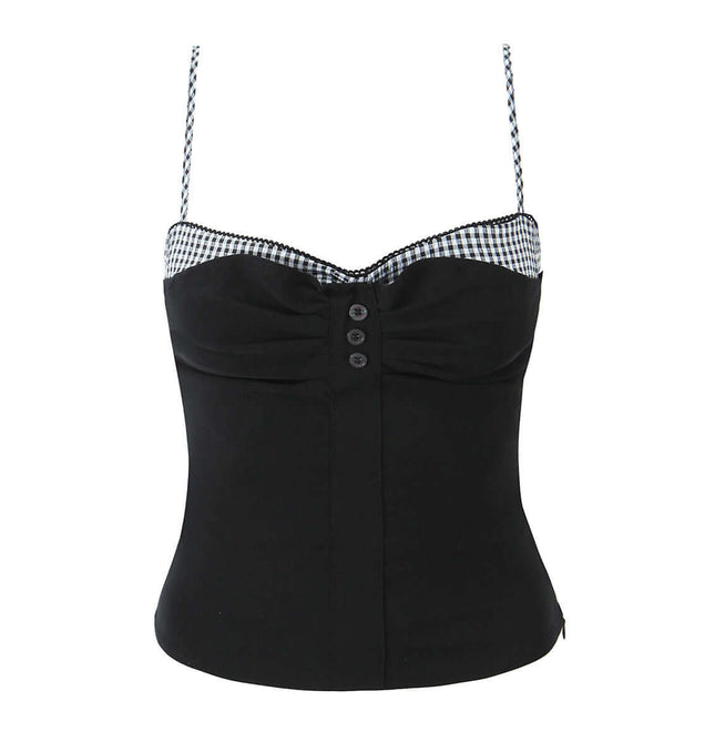 Grid-Stitched Strapless Tank Top – Slim Fit featuring a stylish black design with checkered straps and button details.