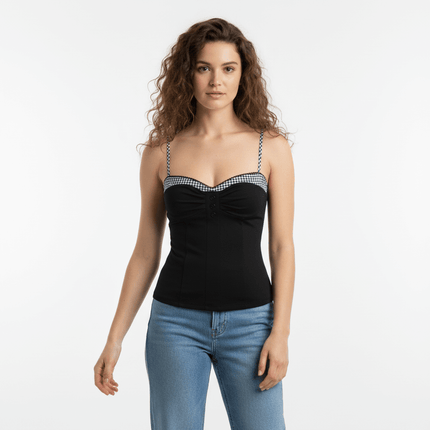 Grid-Stitched Strapless Tank Top – Slim Fit displayed on a model, showcasing its stylish design and flattering fit.