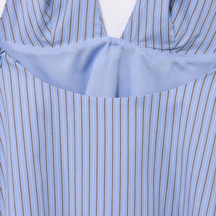 Backless Bow Tie Hanging Neck Tank Top featuring a backless design and soft fabric with blue and brown stripes.