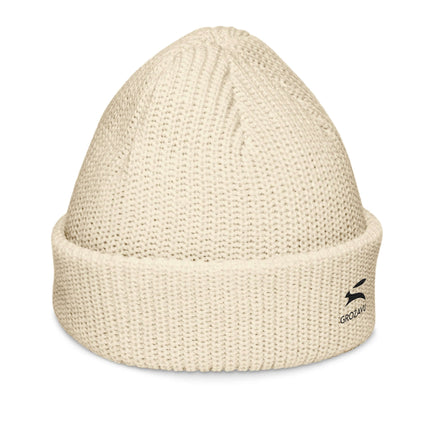 Grozavu beanie in cream color with ribbed knit design, perfect for cozy and trendy winter outfits.