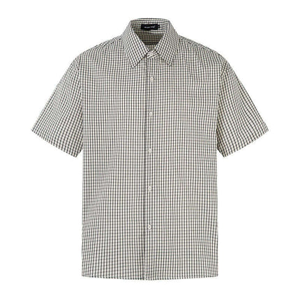 Short Sleeve Plaid Shirt in black and white checkered pattern, perfect for relaxed summer style.