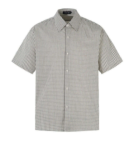 Short Sleeve Plaid Shirt in black and white checkered pattern, perfect for relaxed summer style.