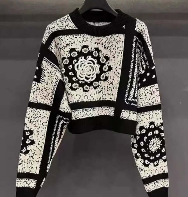 Camellia Jacquard Beaded Knit Sweater with artistic pattern and bead embellishments.
