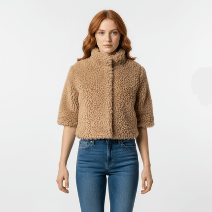 Collar Fur One-Piece Coat – Regular Fit, featuring a soft fur texture and classic flip collar in versatile khaki.