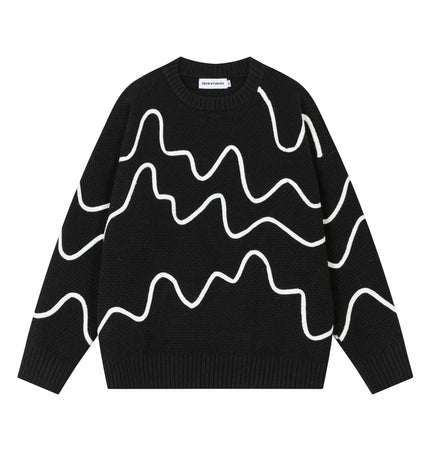 Color Block Line Knit Sweater – Loose Fit featuring a bold black and white design, perfect for street fashion.