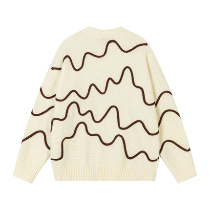 Back view of Color Block Line Knit Sweater – Loose Fit featuring wavy brown line design on cream fabric.