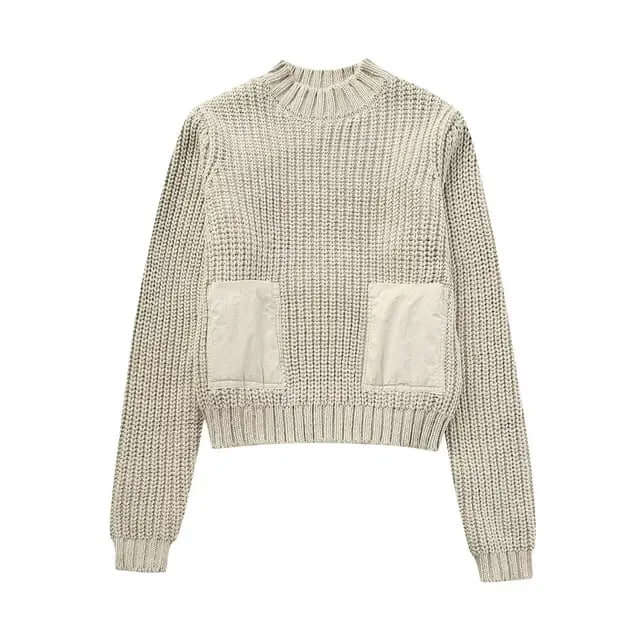 Contrast Cropped Knit Sweater – Slim Fit in neutral ribbed fabric with contrasting pockets and long sleeves.