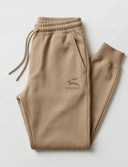 Close-up of intricate stitching and the official Grozavu logo tag on a garment.