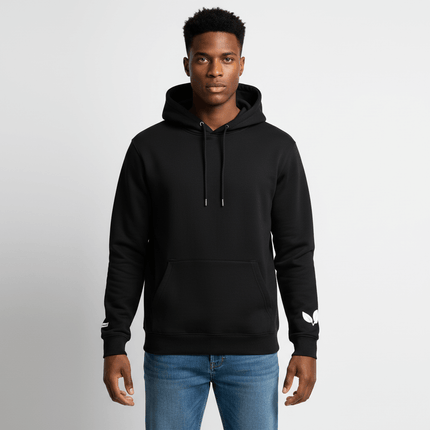 Cross Embroidered Hoodie – Loose Fit in black with hood, relaxed fit and long sleeves, suitable for casual urban styling.