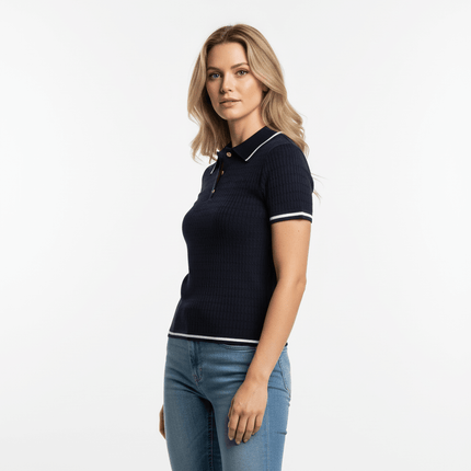 Eight-Strand Braided Knit Top – Loose Fit in navy blue on a model with jeans.