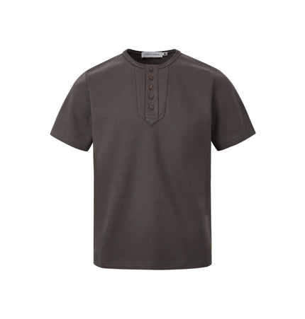 Five-Button Henley TShirt – Loose Fit in dark brown with round neckline and five-button placket.