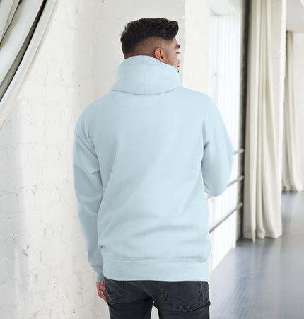 Person wearing a Grozavu Hoodie, showcasing the back design and soft fabric in a bright indoor setting.
