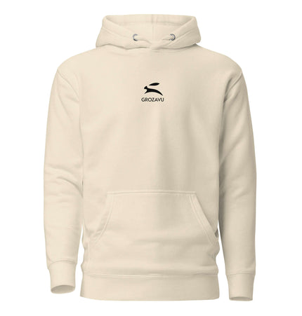 Grozavu Hoodie in cream color with front pouch pocket and logo design.
