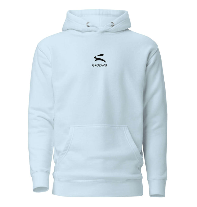 Grozavu Hoodie in light blue, featuring a front pouch pocket and cool design for streetwear style.