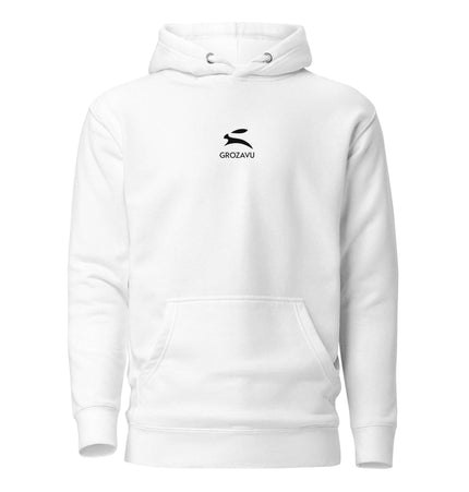 Grozavu Hoodie in white featuring a front pouch pocket and cool design for streetwear fashion.