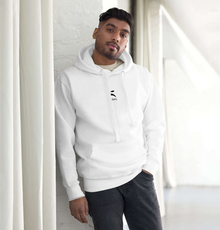 Man wearing a Grozavu Hoodie in white, showcasing the front pouch pocket and cool design.