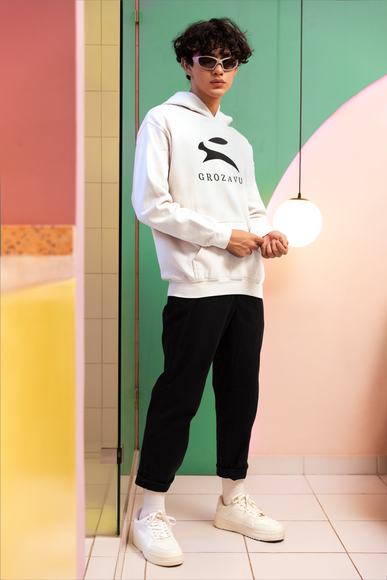 Close-up of Grozavu white hoodie for men, minimalist bunny logo design, premium cotton streetwear