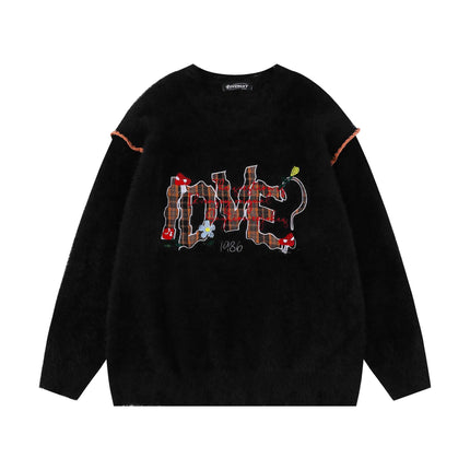 Knit Sweater with Letter Applique featuring hand-stitched design on black knit fabric, perfect for casual streetwear.