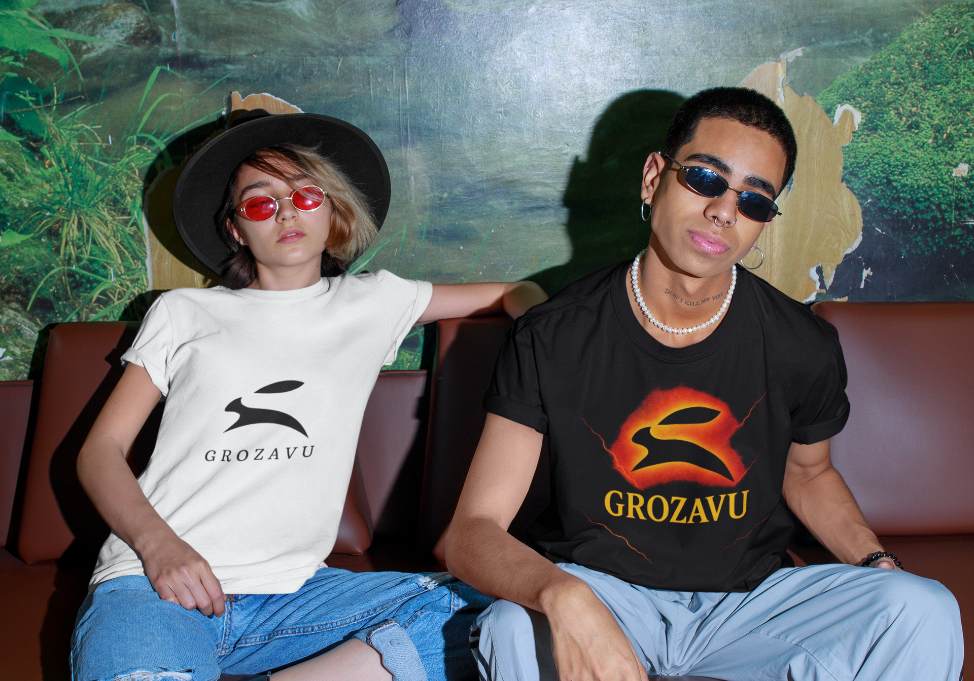 Model wearing Grozavu logo streetwear outdoors — lifestyle shot, premium materials