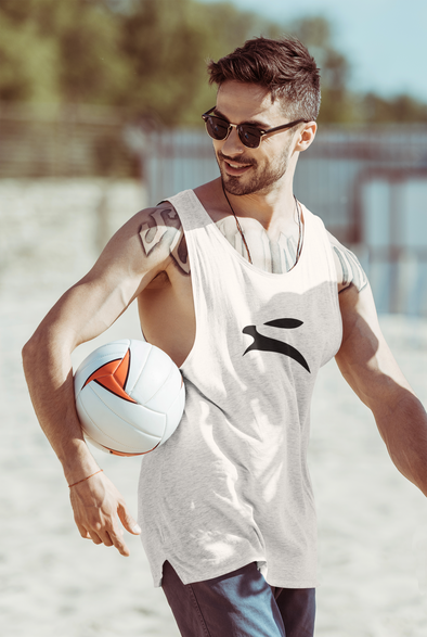 Man wearing Grozavu white tank top with bunny logo, summer beach streetwear style holding volleyball