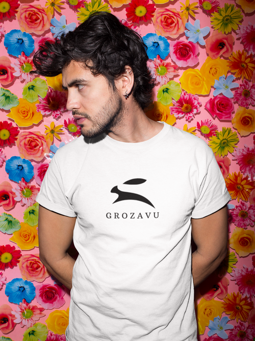 Man wearing Grozavu white T-shirt with bold bunny logo – premium men’s streetwear fashion from Barcelona