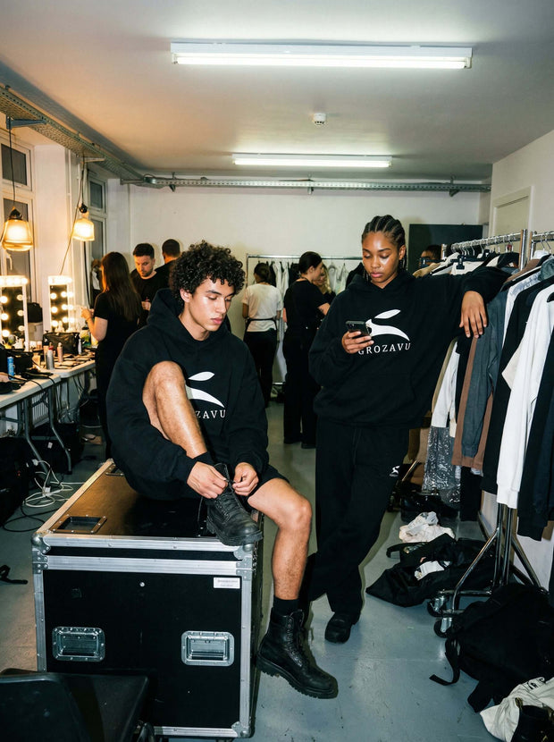 Men's everyday style category featuring a Grozavu branded hoodie and comfortable fit jeans