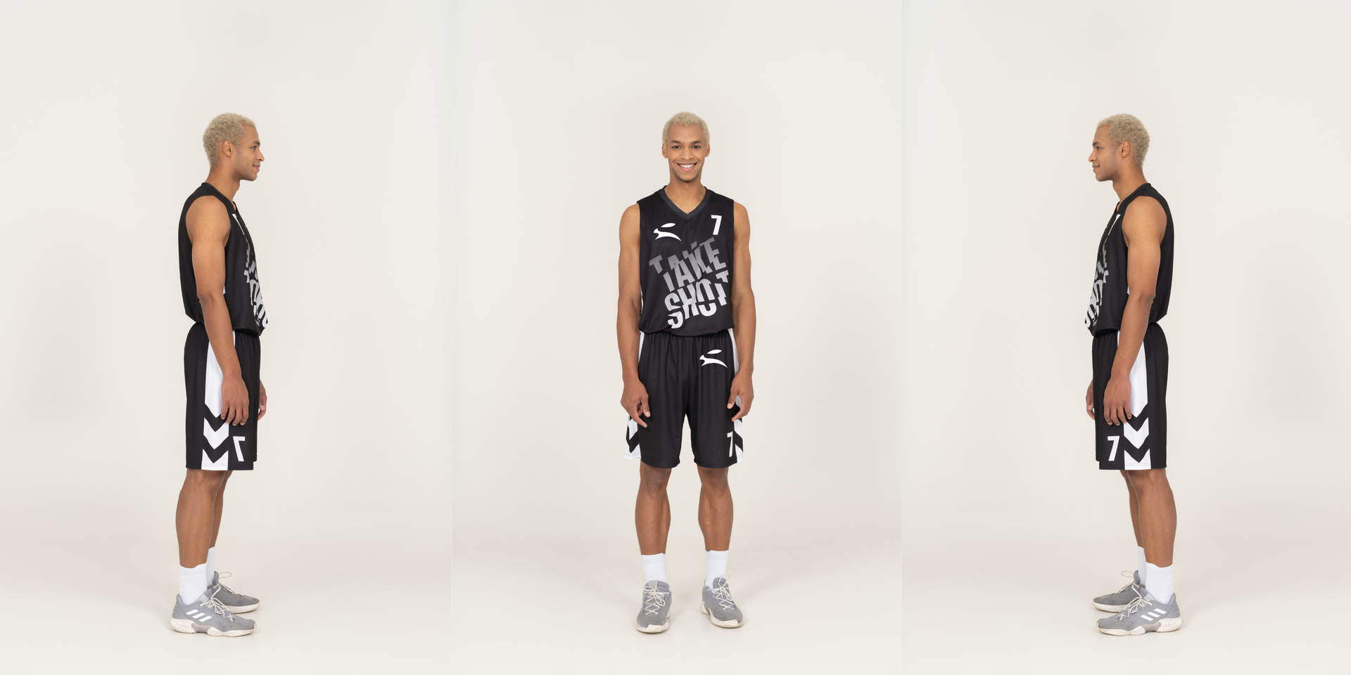 Grozavu men’s black-white basketball jersey and shorts set with rabbit logo—front and side studio views