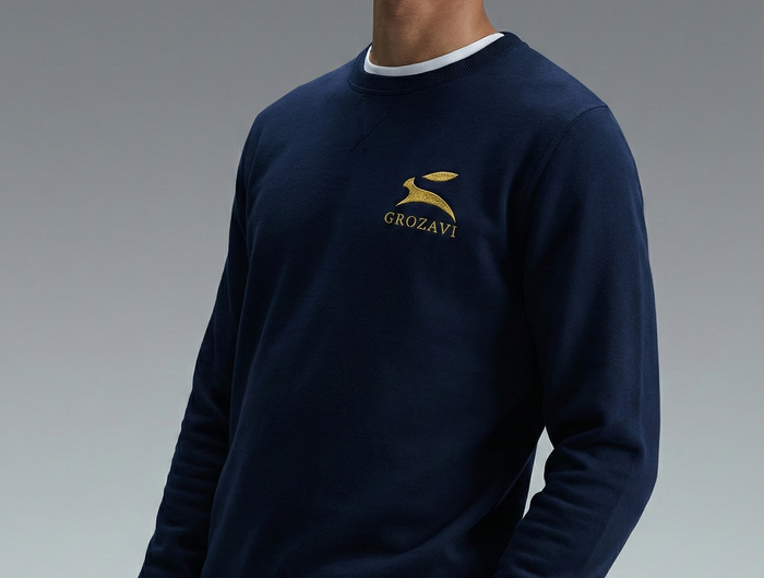 Male model wearing a charcoal grey double-breasted suit jacket with the Grozavu logo pin on the lapel.