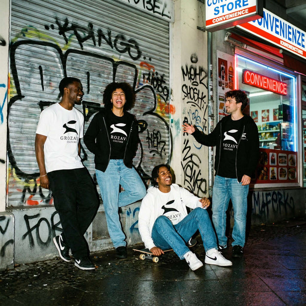 A display of the newest Grozavu apparel drops, including fresh t-shirts and jackets