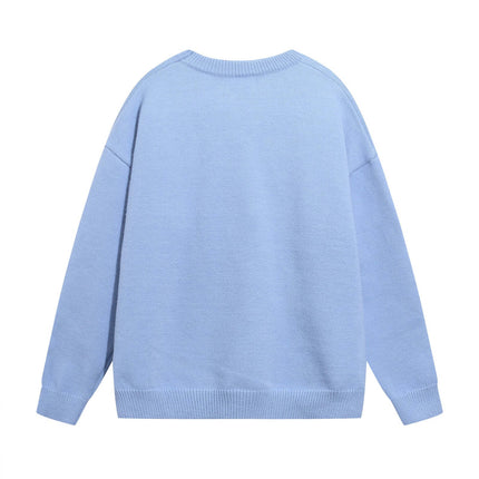 Back view of the Retro Cartoon Jacquard Hoodie - Loose Fit in soft blue color.